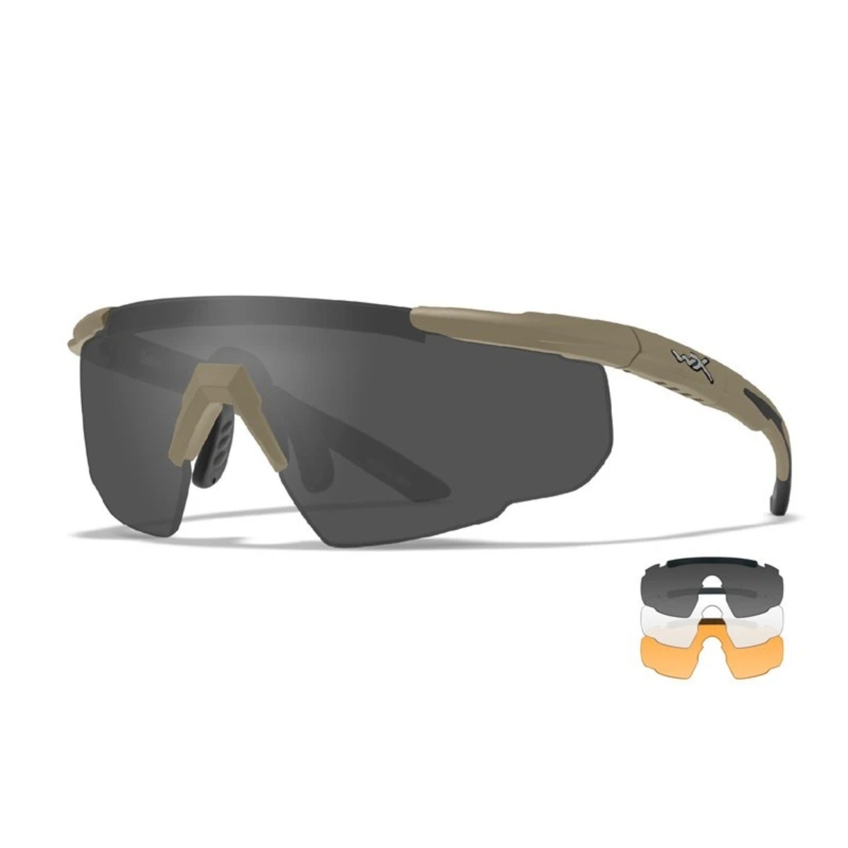 Wiley X Saber Advanced Skydebriller - Mat sandfarvet stel med Smoke, Clear og Light Rust